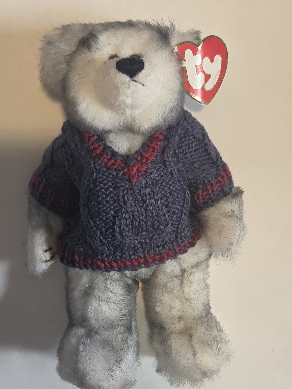 Attic Treasures Fairbanks Bear 1993 Vintage Jointed Gray Plush Navy Sweater